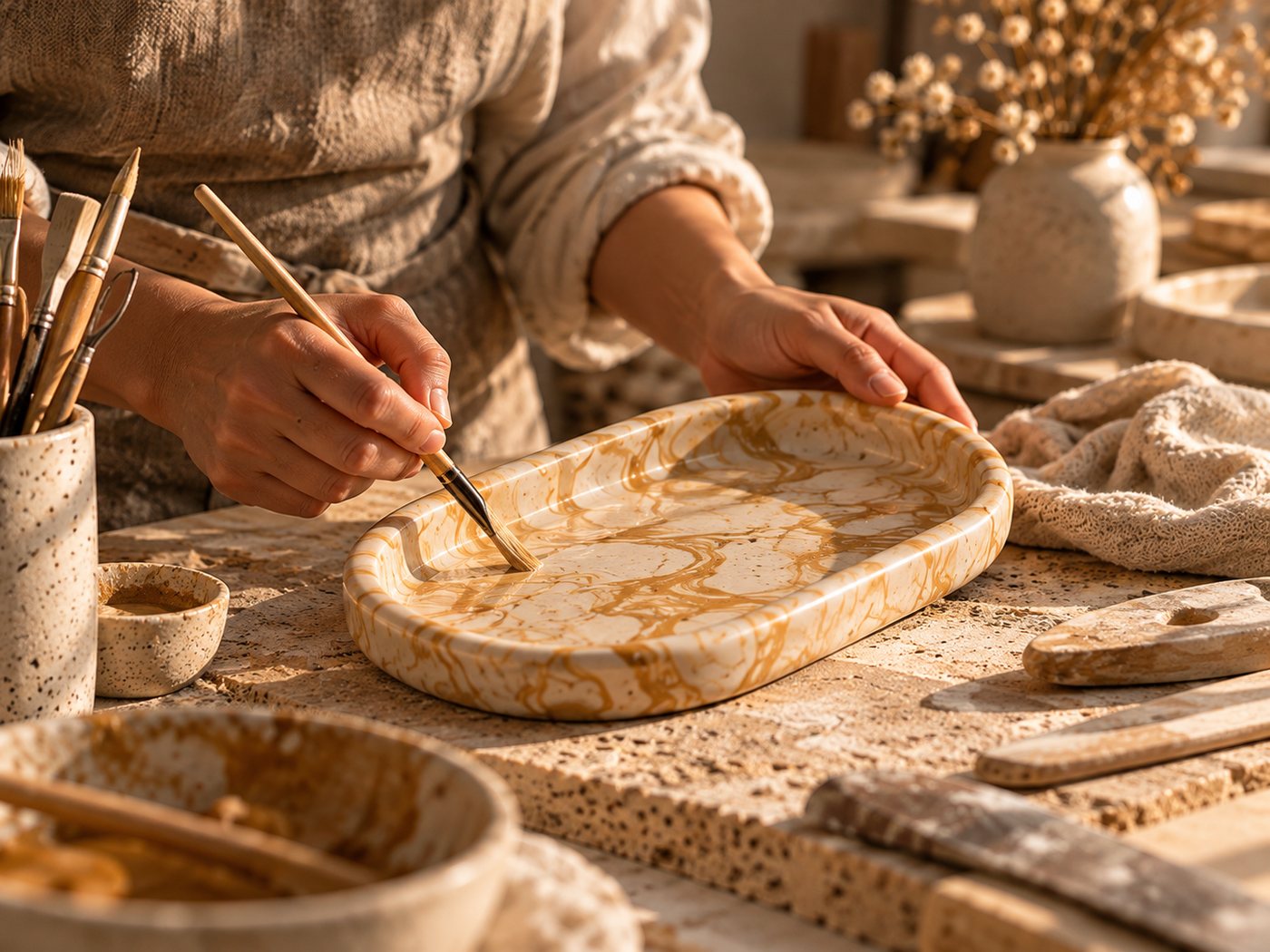 Hands finishing a marbled oval tray with a brush