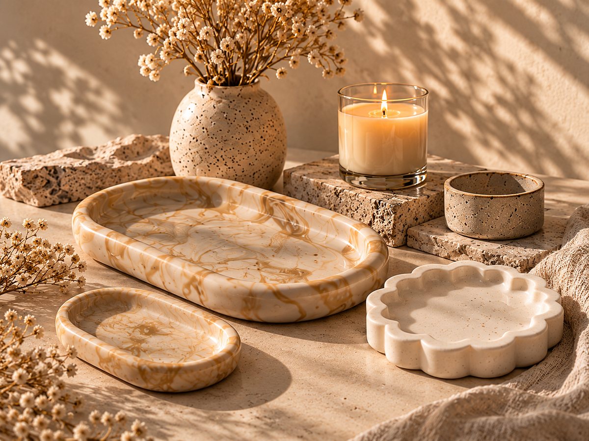 Set of marbled and scalloped trays styled together